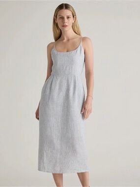 Blue Pinstripe Linen Midi Dress with Scoop Neck
